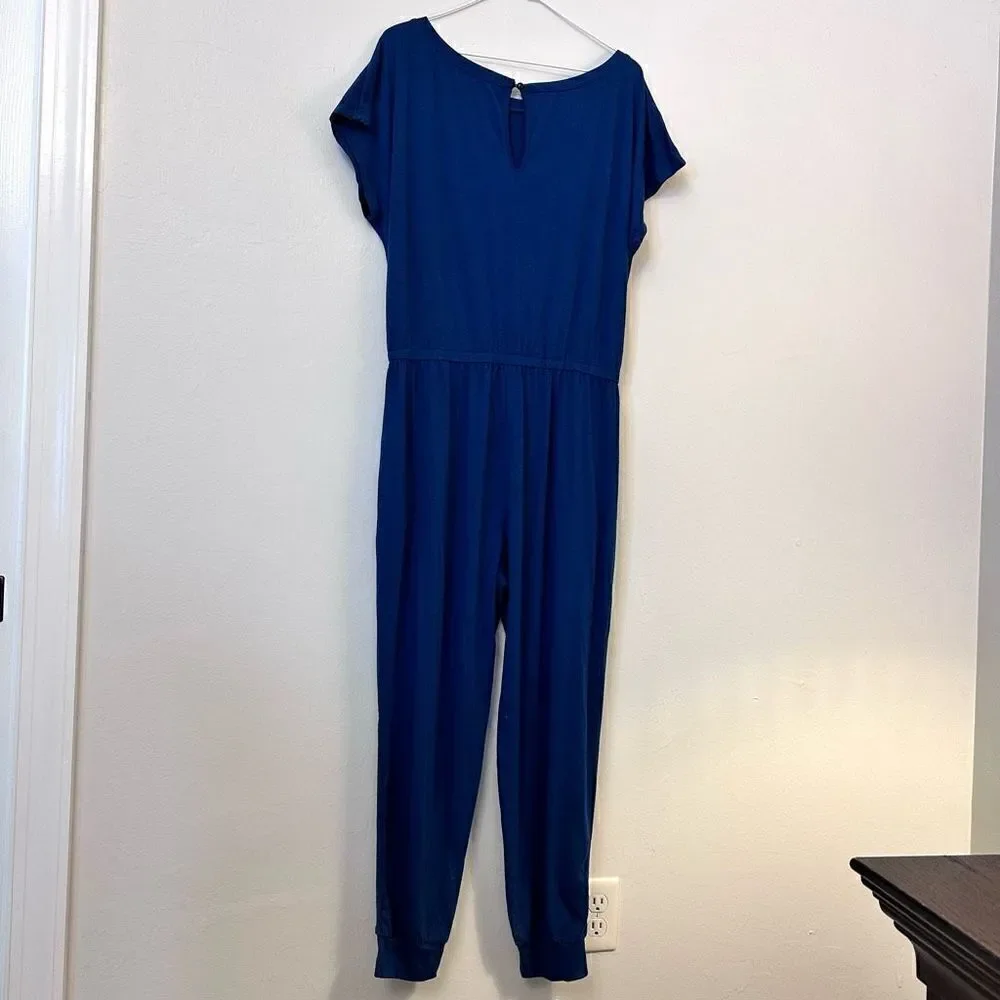 Pretty Garden Short Sleeve Elastic Drawstring Waist Jogger Jumpsuit Blue XL